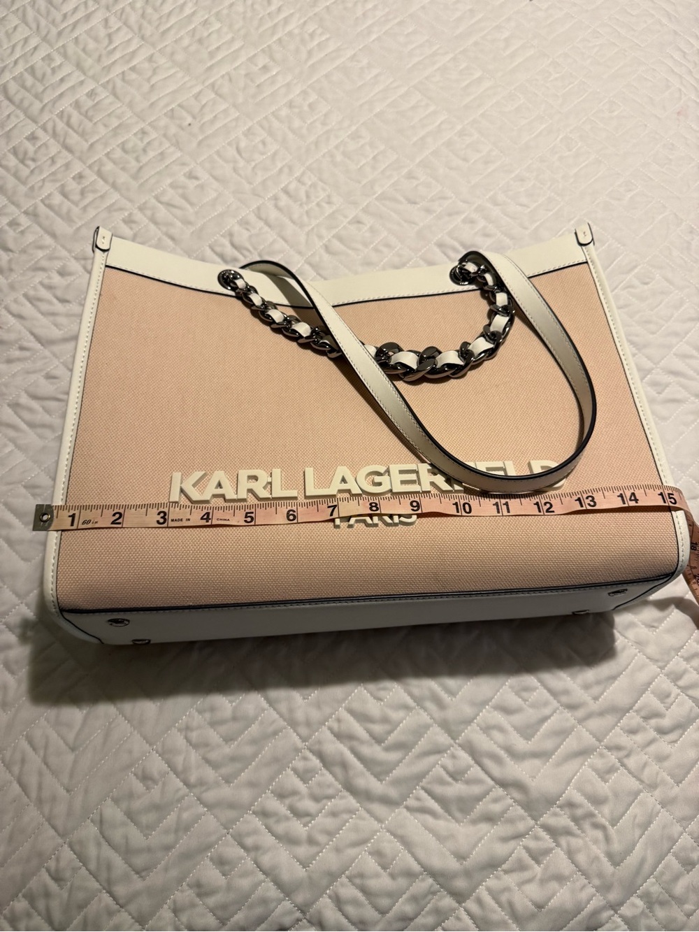 Karl Lagerfeld Light Beige and White Chain-Handle Tote with dust bag - Picture 11 of 13